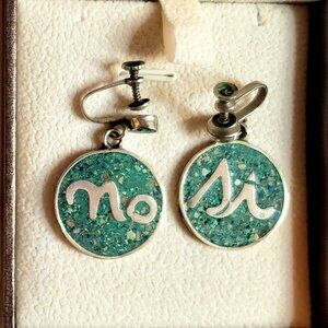 VINTAGE 925 Sterling Silver Mexico Malachite Earrings Mosaic Si & No language
